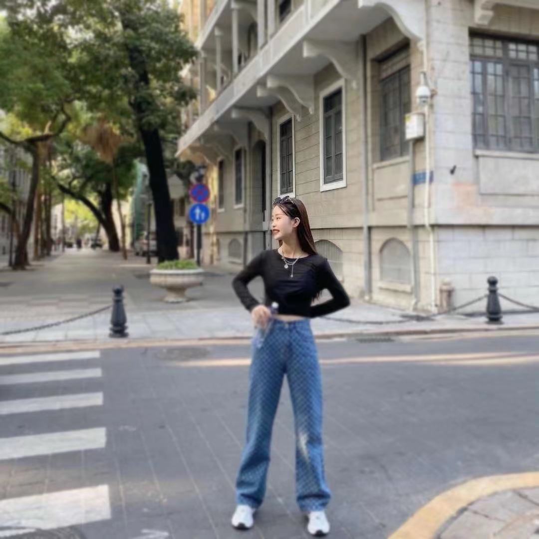 

2020 autumn new full-print blue high waist jeans street hip hop loose straight wide leg pants denim trousers, 01