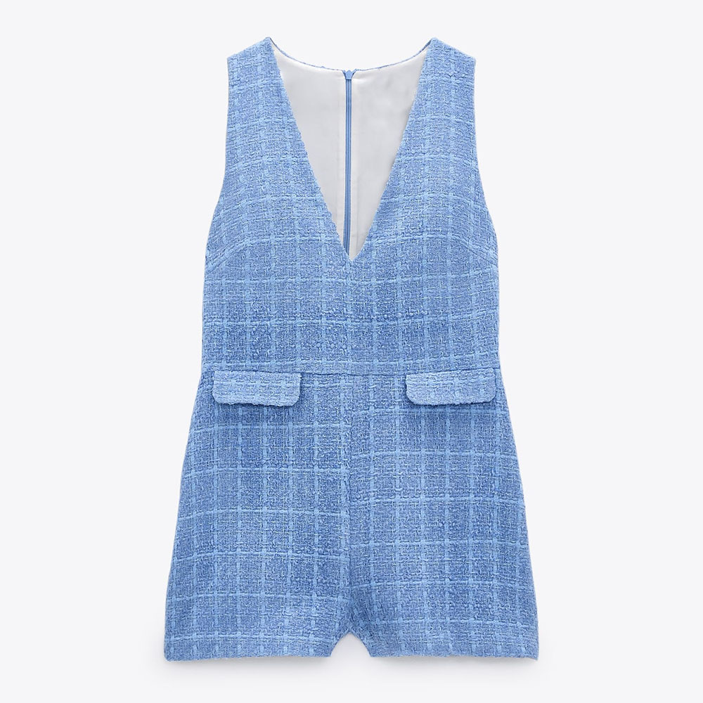 

2021 Spring New Fashion tweed women elegant blue jumpsuit V neck short jumpsuit