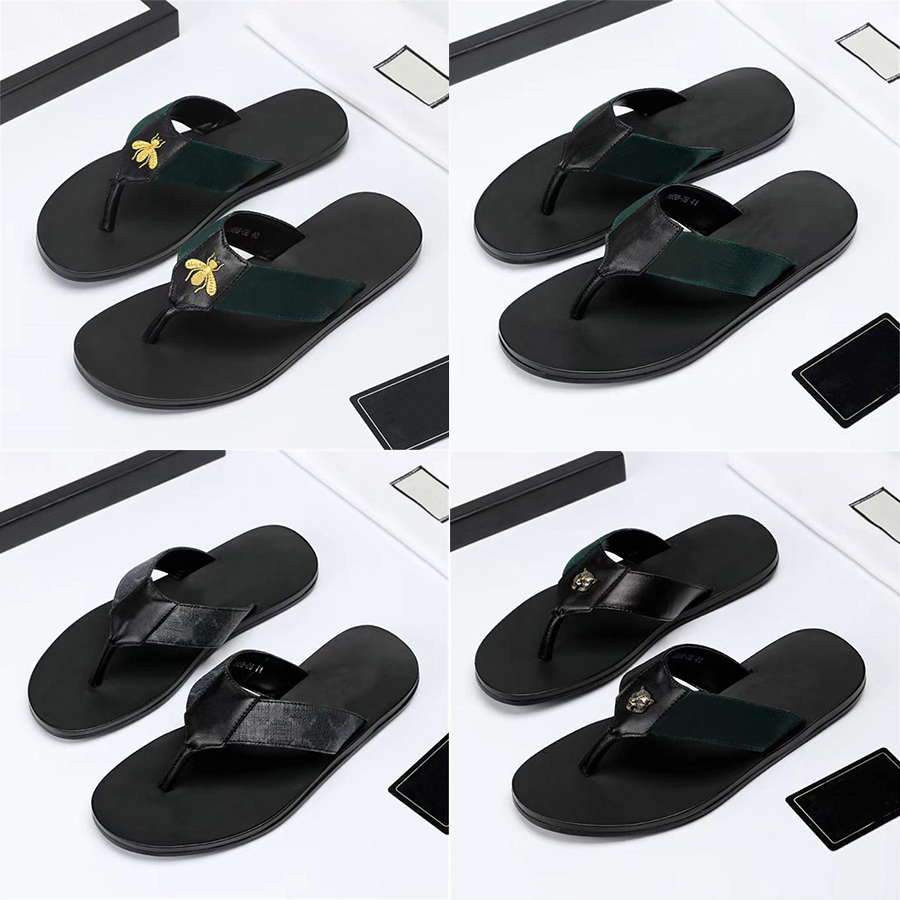 

Fashion Slippers Black Soft Leather Sandals Mules Bees Summers Slide Slippery Flat Chain Sandals Wide T-bar Casual Beach Slip Sandal With Box, Color 7