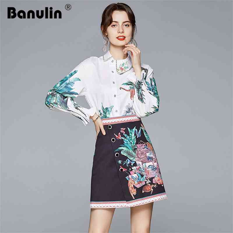 

Autumn Fashion Runway 2 Piece Set Women Long Sleeve Vintage Shirt Top + Bodycon Irregular Mini Skirt Clothing Sets Summer 210603, Green