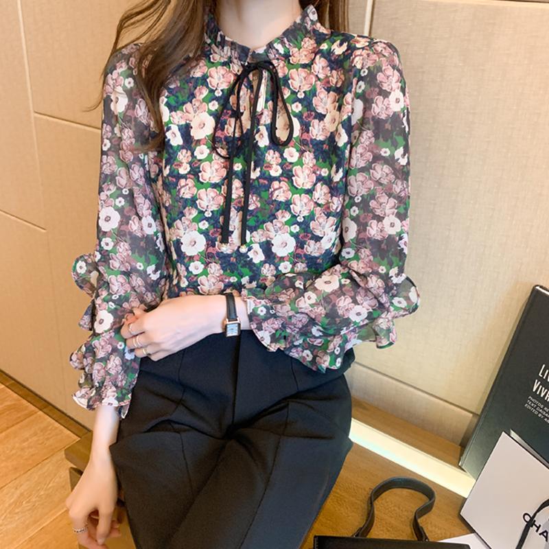 

Women's Blouses & Shirts TingYiLi Ruffle Long Sleeve Tie Neck Floral Blouse Women Spring Summer Chiffon Korean Style Vintage Tops Female, White