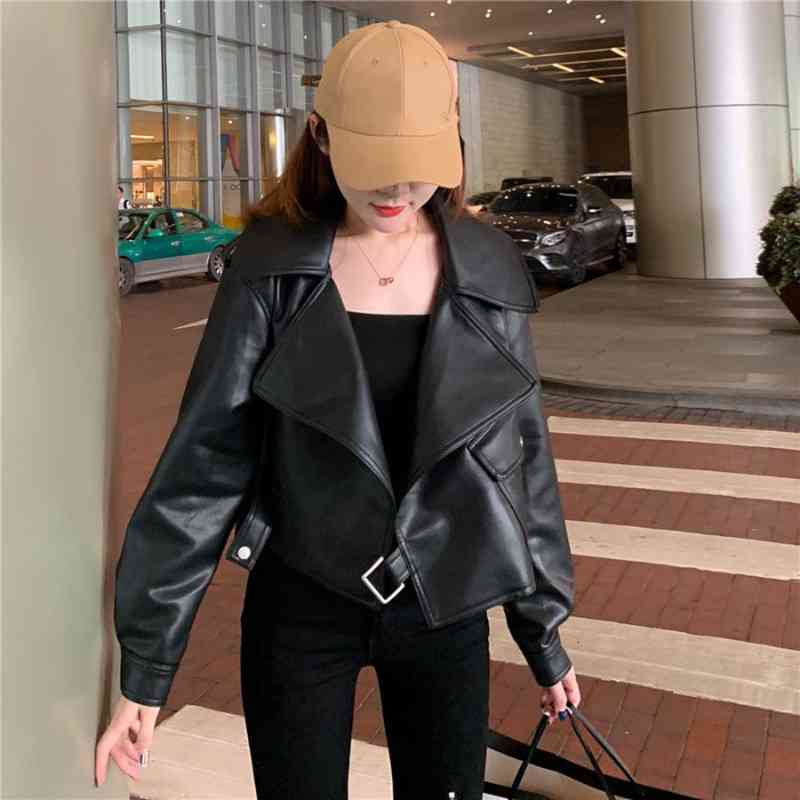 

women's leather & faux long sleeve thin leather jacket short female loosely designer motorcycle spring outerwear korean chic tuhp, Black