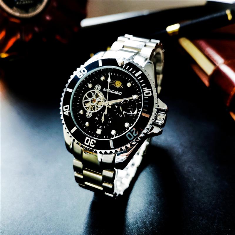 

Wristwatches Automatic Mechanical Watch Luxury Men's Top Brand Clock Moon Phase Tourbillon Stainless Steel Strap Men Montre Homme, Silver black