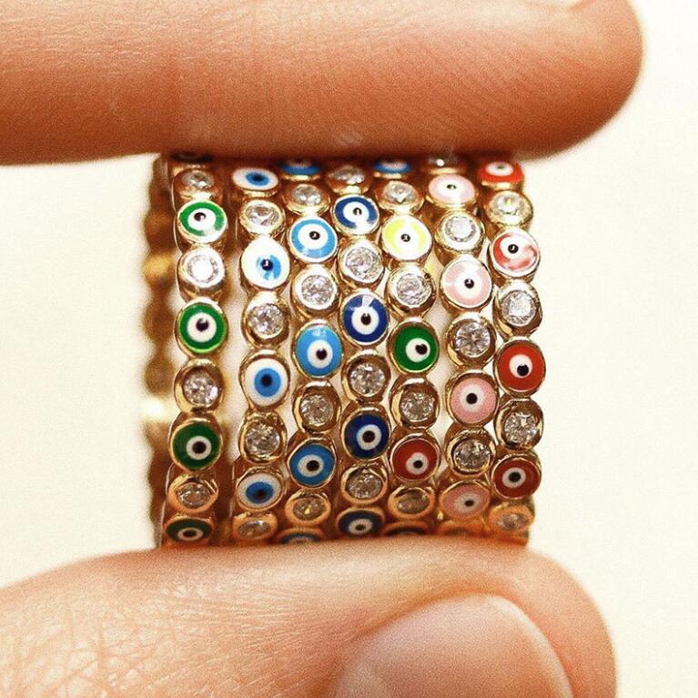 

Bohemian Rainbow Evil Eye Rhinestone Filled Gold Band Rings for Women Vintage Ladies Midi Kunle Finger Ring Beach Jewelry Christmas Gift