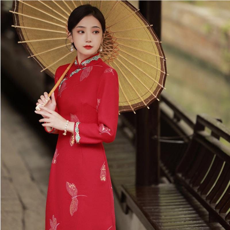 

Ethnic Clothing Embroidery Autumn Winter Thicken Womem Qipao Style Vintage Traditional Chinese Dress Plus Size Elegant Slim Cheongsam