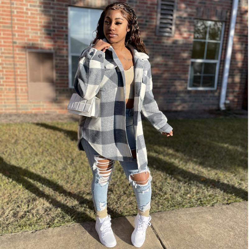 

Women's Trench Coats EWSFV 2022 Autumn And Winter Women Street Casual Lapel Check Single Breasted Cardigan Long Sleeve Coat Shirt, Tan;black