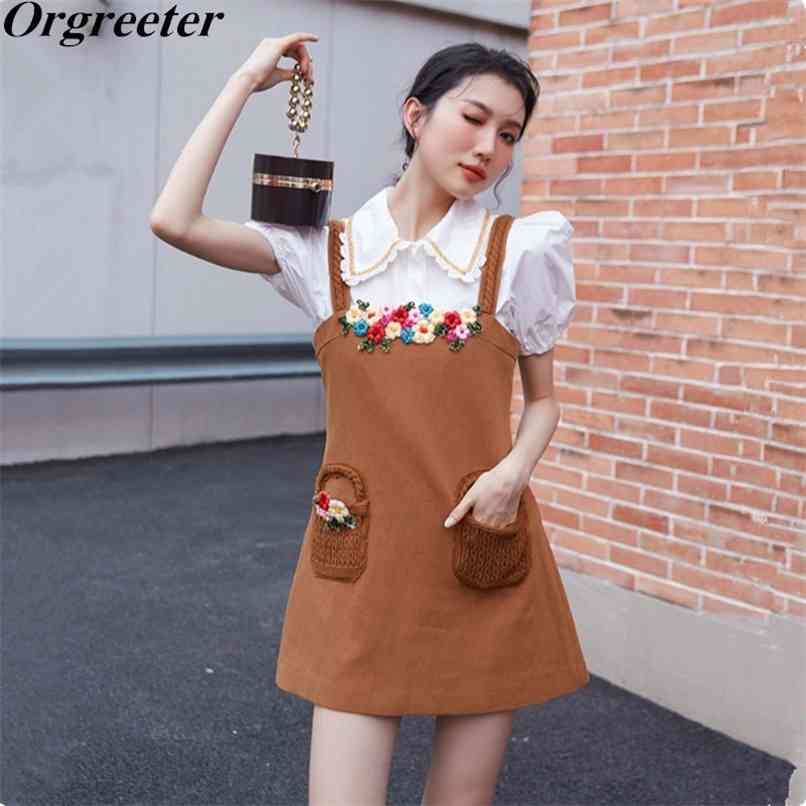 

Summer Sweet Puff Sleeve Shirt Temperament Short Top +3D Flowers Embroidered Sling Mini Dress 2 Piece set Women 210602, Only white shirt