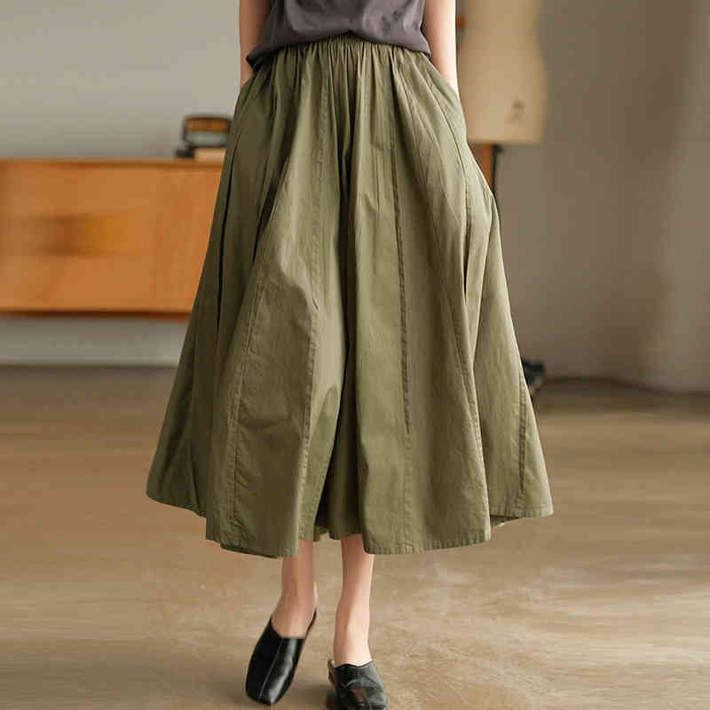 

Johnature Cotton Solid Color Pleated Skirts Casual Elastic Waist Women Loose All-match Vintage Elegant A-Line Skirts 210521, Army green