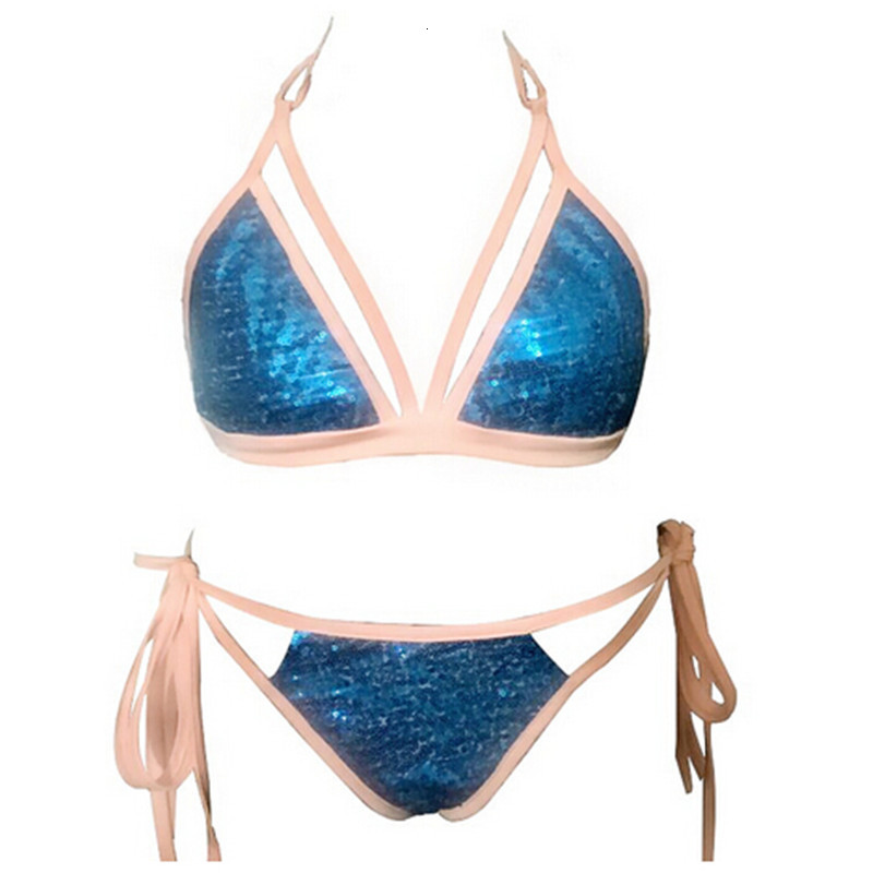 Sexy bandage swimwear set top bikini beach swim push up blue sequined bathing suit women maillot de bain femme-image-680542350