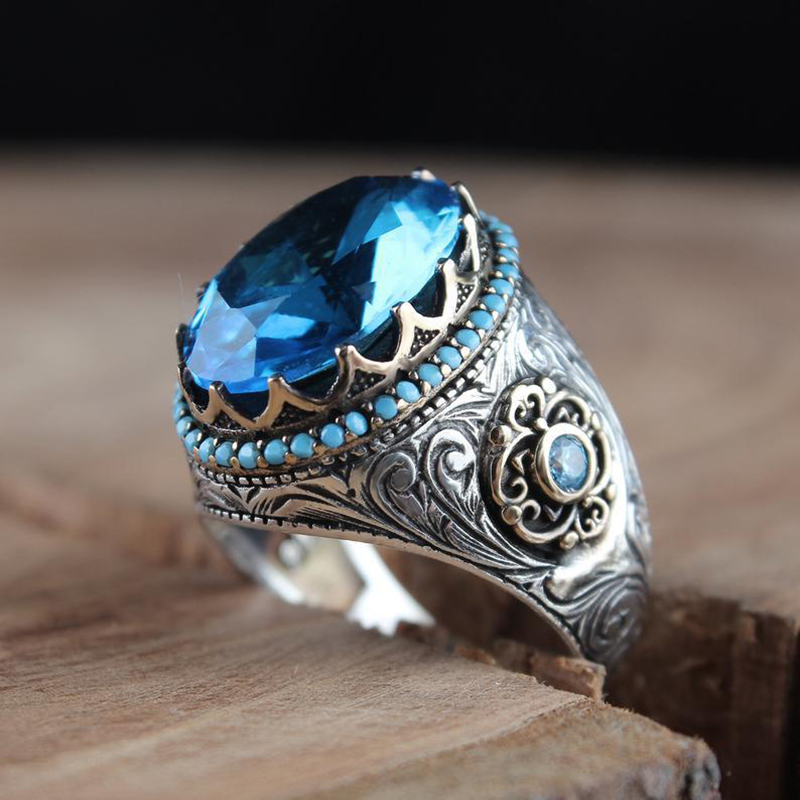 

Retro Handmade Turkish Signet Ring For Men Women Ancient Silver Color Carved Ring Inlaid Blue Zircon Party Punk Motor Biker Ring