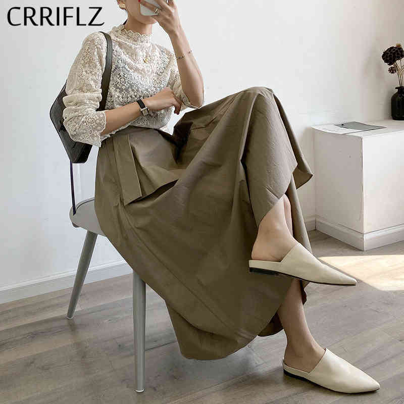 

Summer Asymmetrical Cotton Skirt Women Solid Casual Midi CRRIFLZ 210520, Khaki
