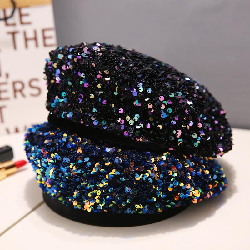 

Berets Beret Early Autumn Painter Hat Sequin Flat Top Trendy Military Female Bud, White
