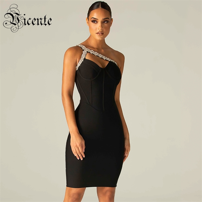

Trendy Black Mini Dress Crystal Beads Design Sexy One Shoulder Sleeveless Celebrity Party Club Bandage Vestido 210520