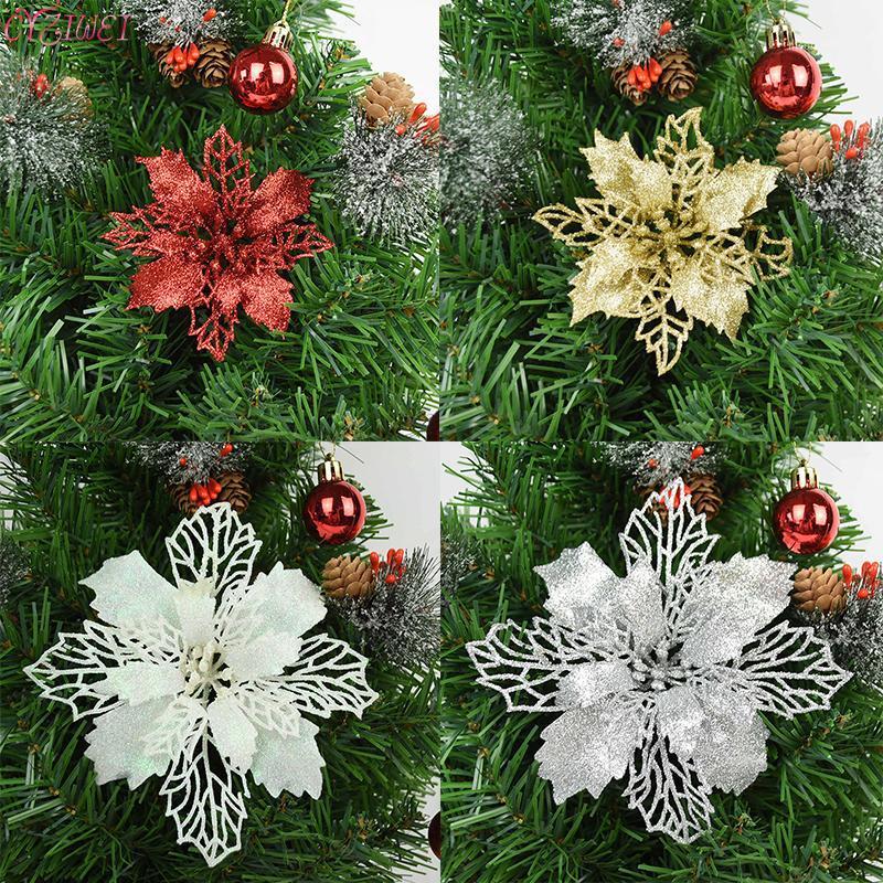 

Christmas Decorations 9/11/16cm Glitter Artifical Flowers Merry Ornaments Xmas Tree Home Fake Year Decor