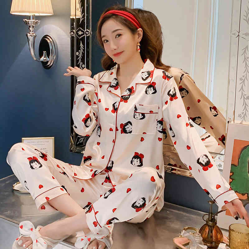 Women&#039;s Sleepwear Satin womens pj sets Women Silk Pajamas Pyjamas Set ladies Long Sleeve nightwear Cute Top and Pants Pijama suit 31F0-image-693627631