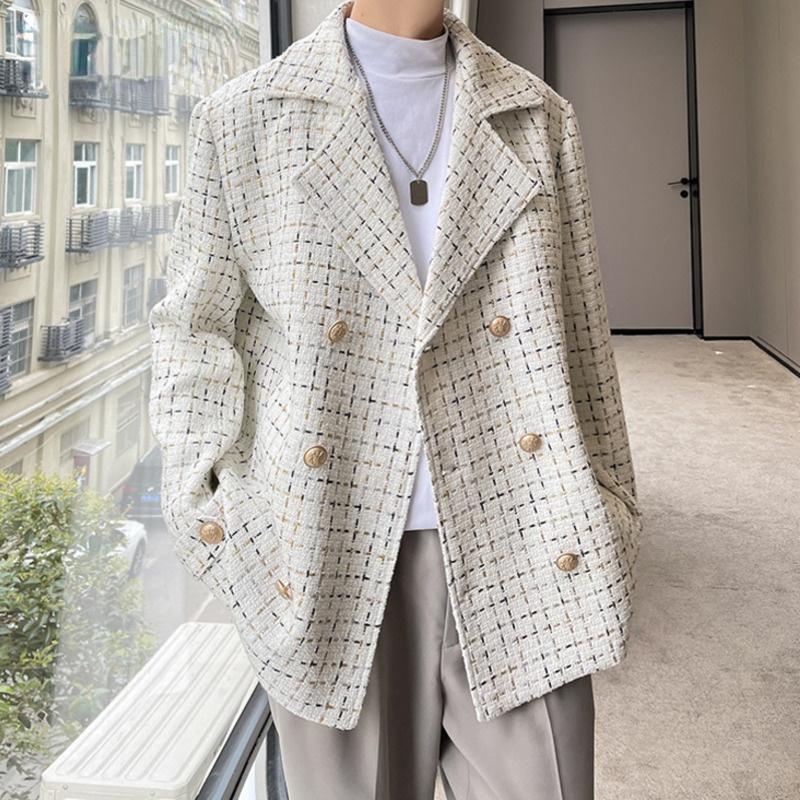 

Menswear Korean Fashion Plaid Woolen Blazers Men's New Notched Double Breasted Thick Suit Jacket Tide Autumn Winter 2021, White;black