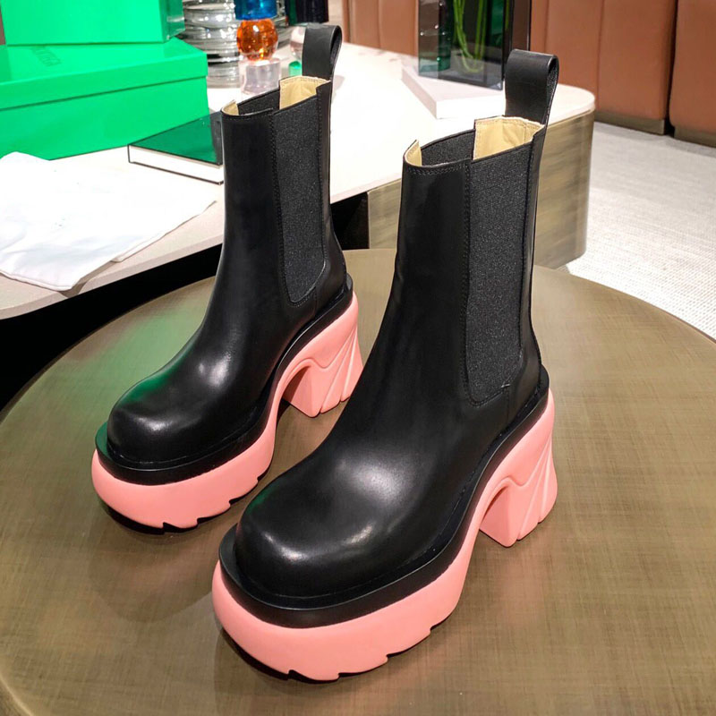 

Autumn and winter women's leather Chelsea short boots fashion designer thick heel chimney heightened British mid-tube slim green bottom Mart, Extra shoebox