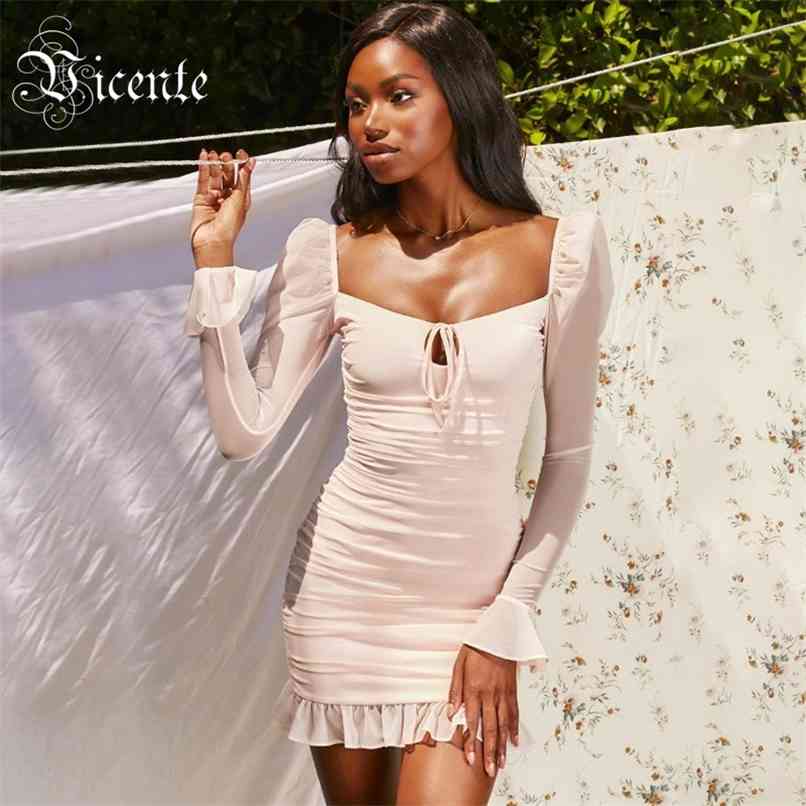 

Chic Beige Draped Mesh Lace Up Design Square Collar Celebrity Party Club Bandage Mini Dress 210520, Pink