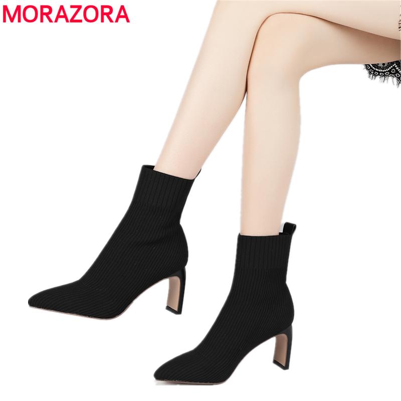 

Boots MORAZORA Plus Size 34-43 Women High Heels Pointed Toe Stretch Cloth Party Nightclub Shoes Ankle For, Black