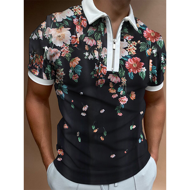 

Prosperity pattern men's zipper polo shirt high quality comfortable breathable fashionable cool daily travel work party, Black