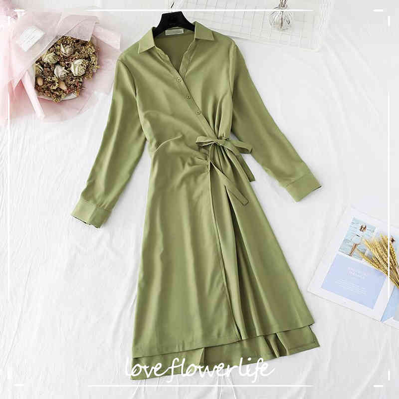 

Spring Summer Vintage Chiffon Dress Women Long Sleeve Solid Bandage Shirt Dresses Office Ladies Midi Dress Vestidos 210521, Rust red