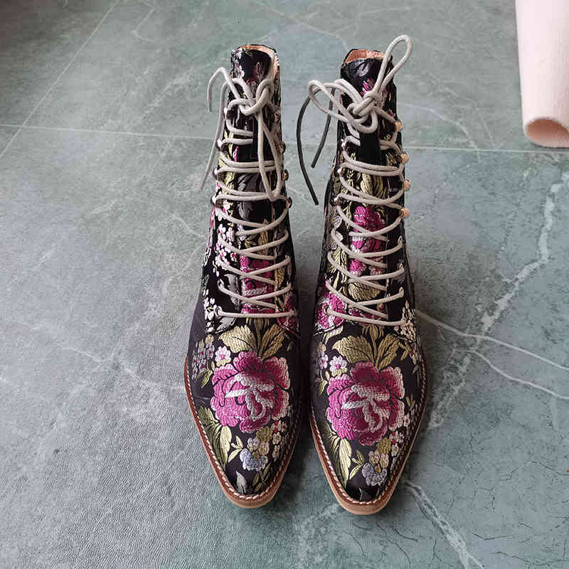 

boots women ankle boots plus size 22-28cm chinese style embroidered flowers pointed lace-up booties tapered heel women qyvf, Black