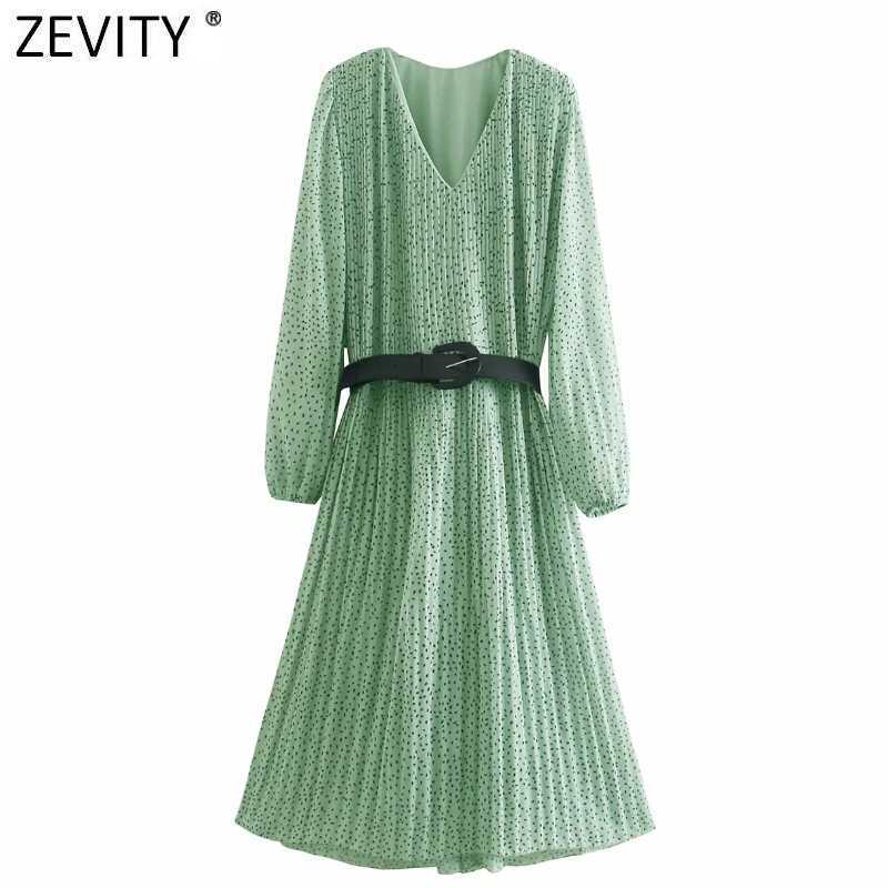 

Zevity Women Vintage V Neck Dots Print Sashes Pleated Midi Dress Femme Chic Puff Sleeve Casual Slim Summer A Line Vestido DS8141 210603, Cc ds8141jl