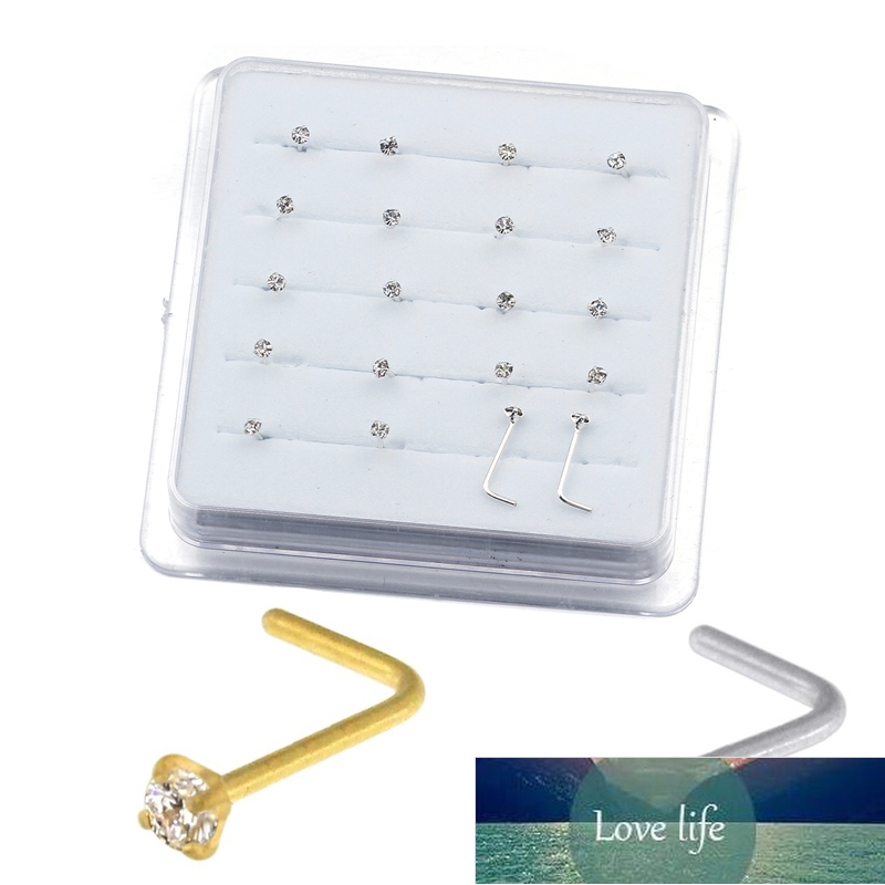 

20PCS/Box Sterling L Shape Nose Stud Ring 2mm Clear Crystal Nose Piercing Body Jewelry Factory price expert design Quality Latest Style Original Status