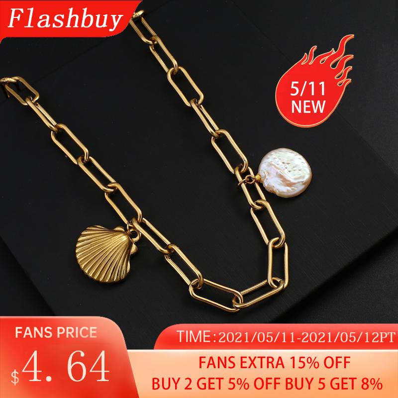 

Flashbuy Fashion Bohemia Natural Irregular Pearl Pendant Necklace Women Metal Shell Gold Color Copper Chain Collar 2021 Bijoux Necklaces, Silver