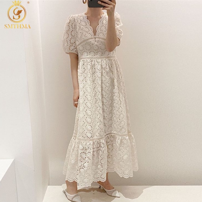 

Fashion Korean Chic Style Ladies Maxi Dress Women Lace Hollow Out Embroidery Summer Dresses Vestidos 210520, Photo color