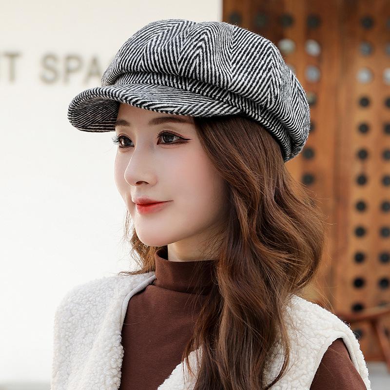 

Berets Autumn Winter Outdoor Women's Beret British Literature And Art Striped Octagonal Hat Female Thickened Painter Warm Cap