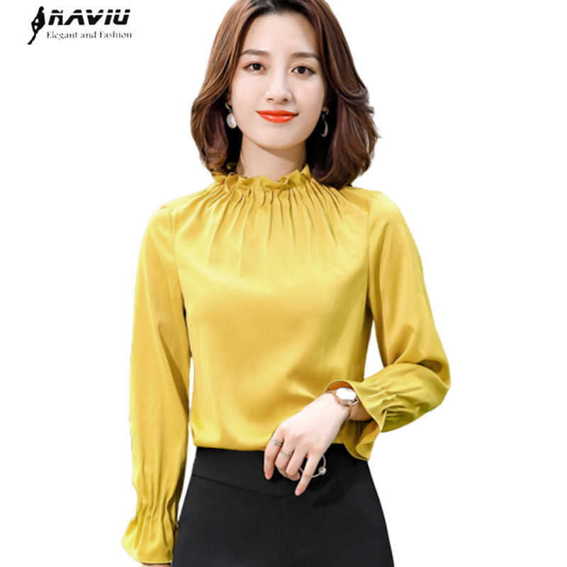 

Yellow Shirt Women Spring Fashion Ruffles Collar Long Sleeve Satin Blouses Formal Office Elegant Loose Plus Size Tops 210604, Apricot
