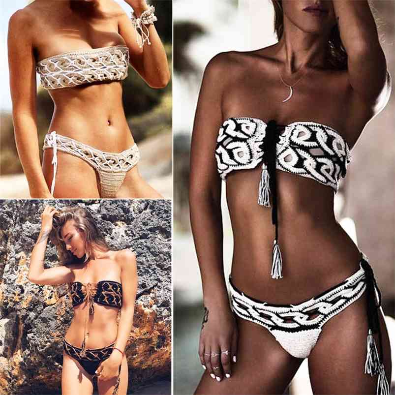 

H80&S90 Women Sexy Handmade Crochet Strapless Bikini Set Ladies' Knitted Swim suit Female Swimwear Bathing Suit 210629, Black-brown