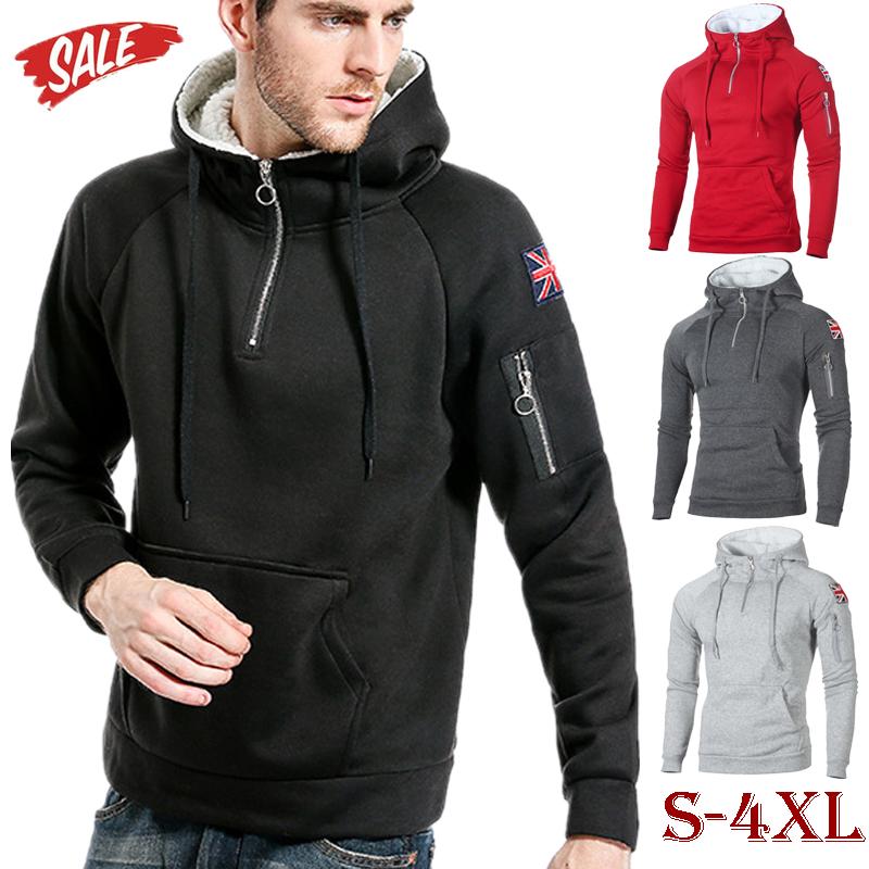 

Men' Hoodies & Sweatshirts Men Fleece Autumn Winter Warm Hoodie Casual Slim Full Sleeve Sweatshirt Solid Color Zipper Pullover, Black