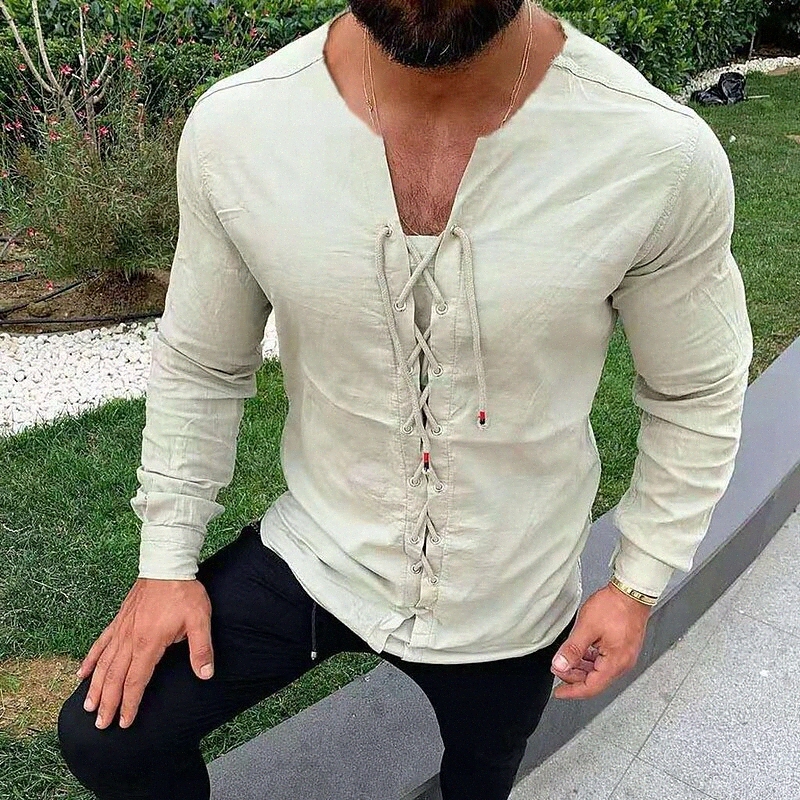 Men's Shirt Solid Color V Neck Street Casual Lace up Long Sleeve Tops Casual Fashion Breathable Green White Black / Spring / Summer b1UV#