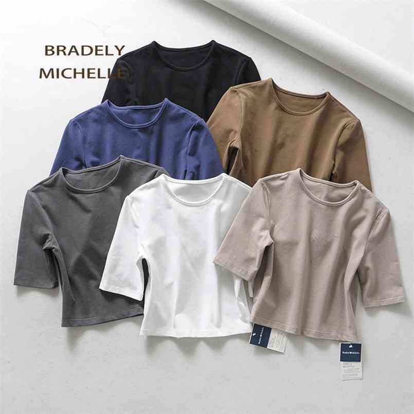 

BRADELY MICHELLE crop tops for women Sexy female pure cotton o-neck half-length sleeve solid elasticity shirt 210708, White