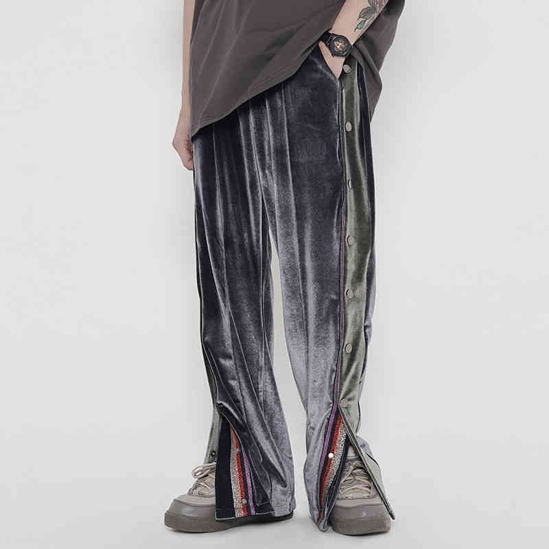 

Side Button Fleece Casual Trousers Men and Women Straight Velvet Loose Track Pants High Street Oversize Baggy Pants, Black