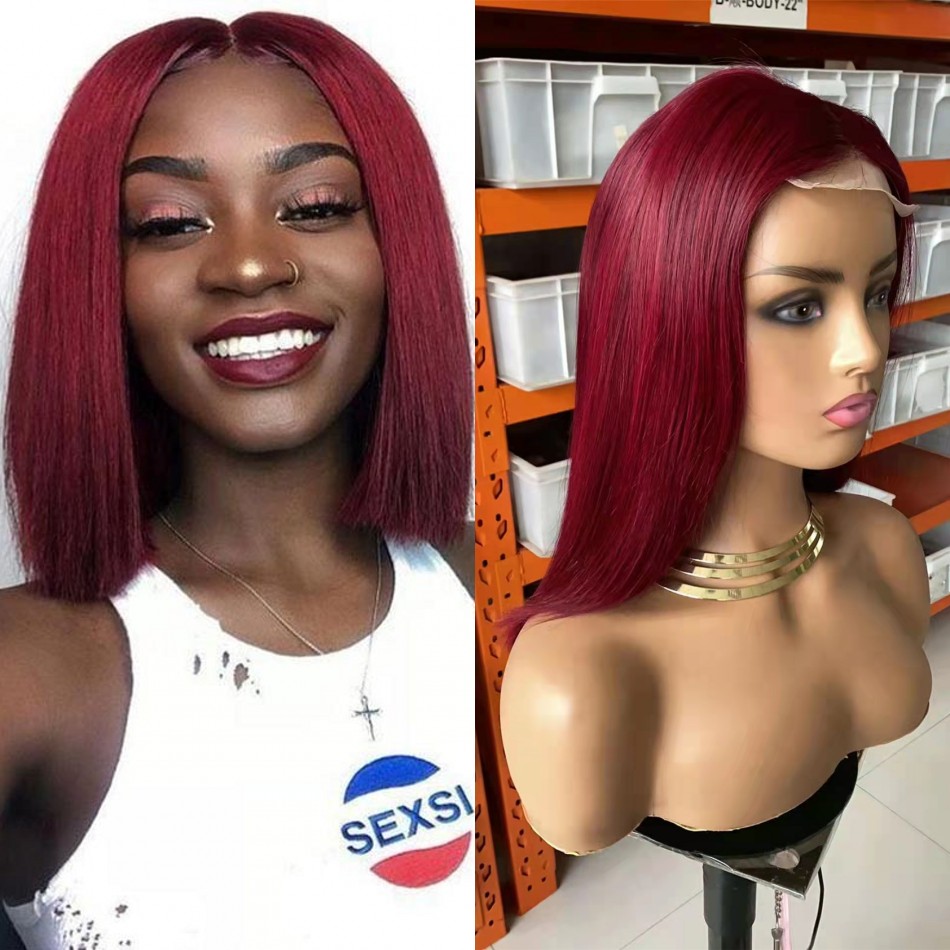 

Brazilian 99j Straight 4x4 Lace Closure Bob Wigs Middle Part 130% Remy Human Hair Pre Plucked Wig Natural Hairline, #99j