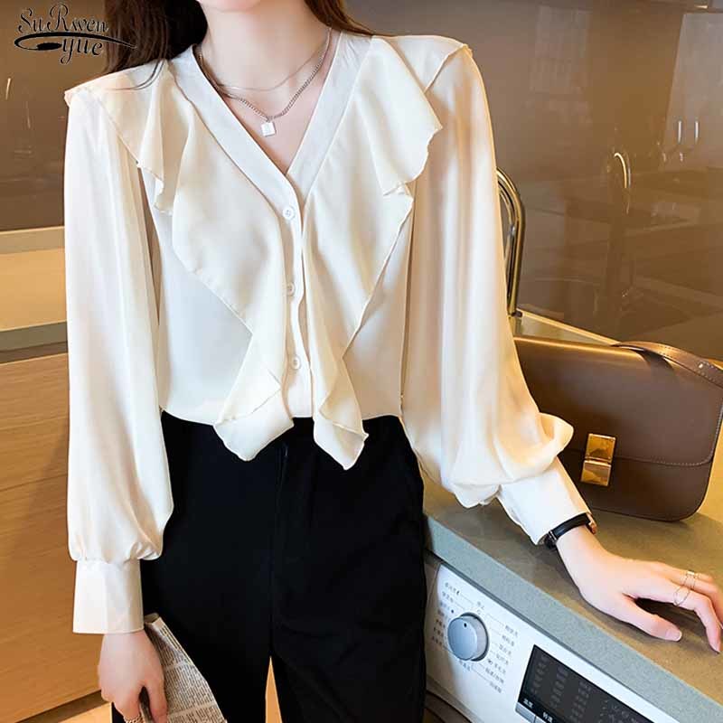 Couleur en V en V Femmes Long Lantern Slim Fit Cardigan Shirts Automne Co dans le chemisier à volants coréens Blusas Mujer 11458 210508
