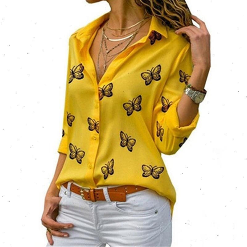 

Autumn Butterfly Printing Loose Women Shirt Lapel Yellow Blusa Office OL Commuter Work Clothes Top Blouse Plus Size, White