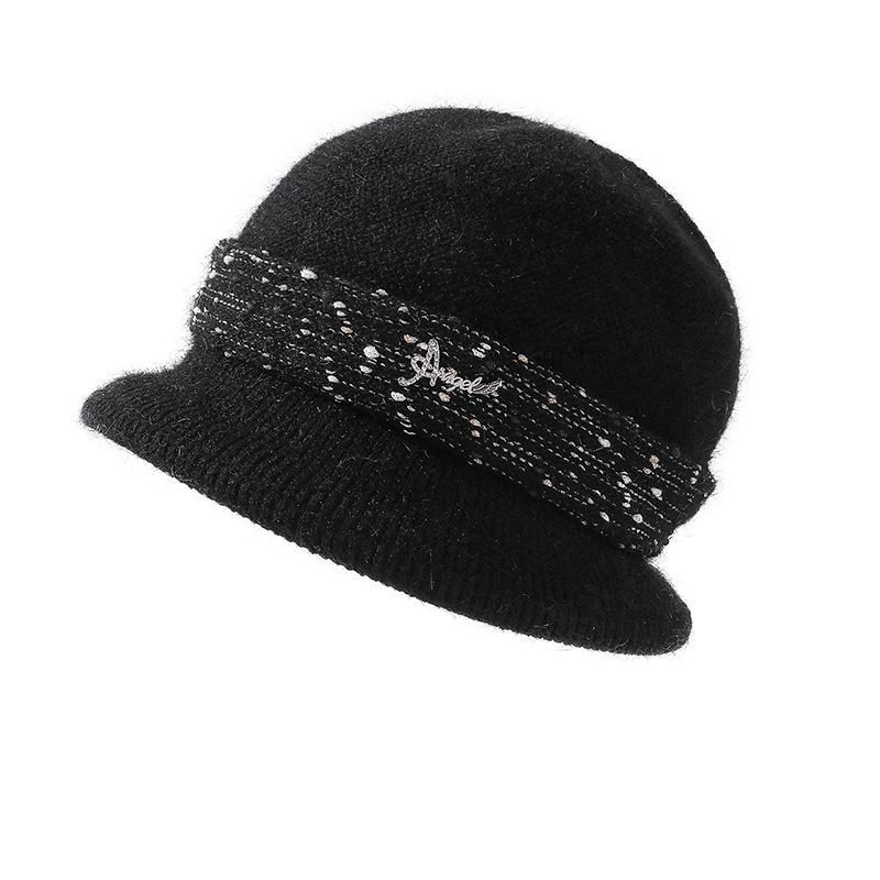 

Berets Winter Bucket Hat Women Middle Aged Hair Knitting Yarn Earmuffs Fedoras Diamond Metal Letters Plus Velvet Keep Warm Cap, Beige