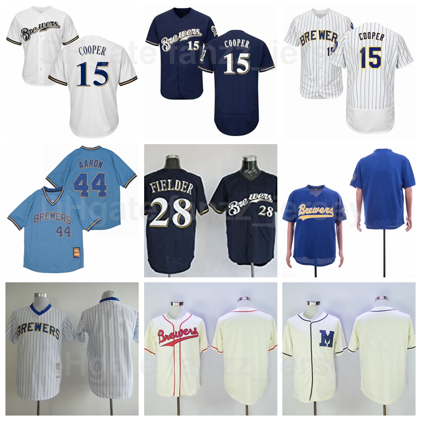 

Men Baseball Retro 15 Cecil Cooper Jersey Retire 44 Hank Aaron 28 Prince Fielder 14 Kent Hrbek Stitched Blue White Beige Cool Base Pullover 1913 1948 Vintage