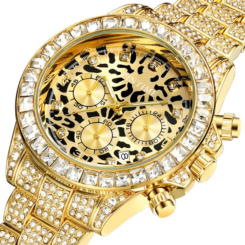 

Wristwatches PINTIME Gold Leopard Mens Watches Top Chronograph Sport Military Male Clock Iced Out Diamond Date Steel Wristwatch