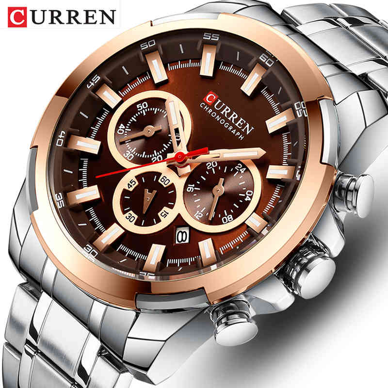 

Men Watch Top Luxury Brand CURREN Fashion Causal Stainless Steel Mens Watches Sports Chronograph Quartz Wristwatches Male Clock 210517, Silver gold white