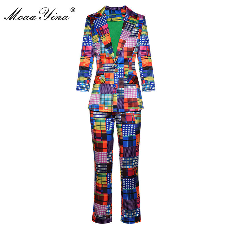 

Fashion Designer Suit Autumn Winter Women Long sleeve Plaid Tops+ 3/4 pants Two-piece set 210524, Multi