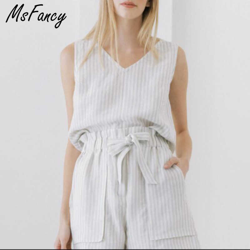 

Msfancy Summer Short Sets Women Boho High Waist Pockets Shorts V-neck Sleeveless Tank Mujer Casual 2 Piece Sets 210604, Picture color