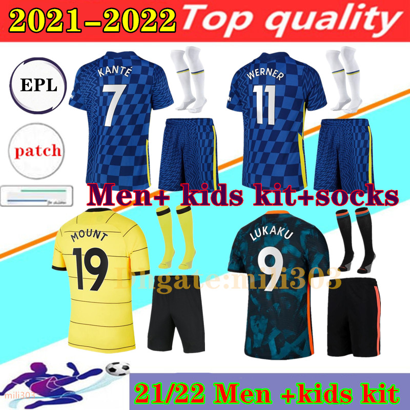 

21 22 CFC soccer jerseys sets 2021 2022 LUKAKU ZIYECH PULISIC MOUNT KANTE HAVERTZ WERNER ABRAHAM CHILWELL GIROUD HUDSON-ODOI men + kids kits socks uniforms, Away