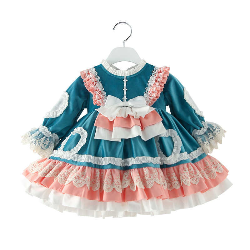 

Girl Velvet Spanish Dress infant Lolita Princess Ball Gown for Baby Girls Christmas Year Robe Children Boutique Dresses 210615, Blue