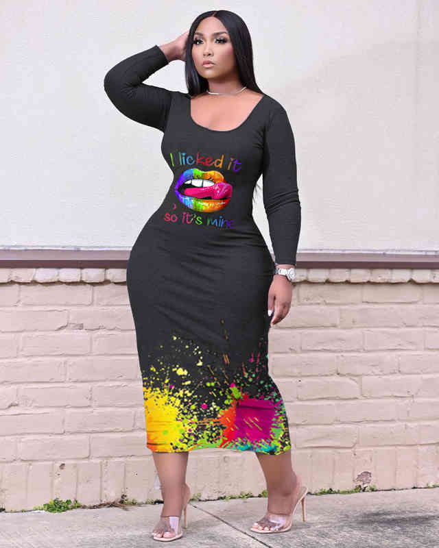 

Spring And Summer Large Long Sleeve Cute Inkjet Lips Fashion Sexy Printed Long Solid Women Dress, Black;gray