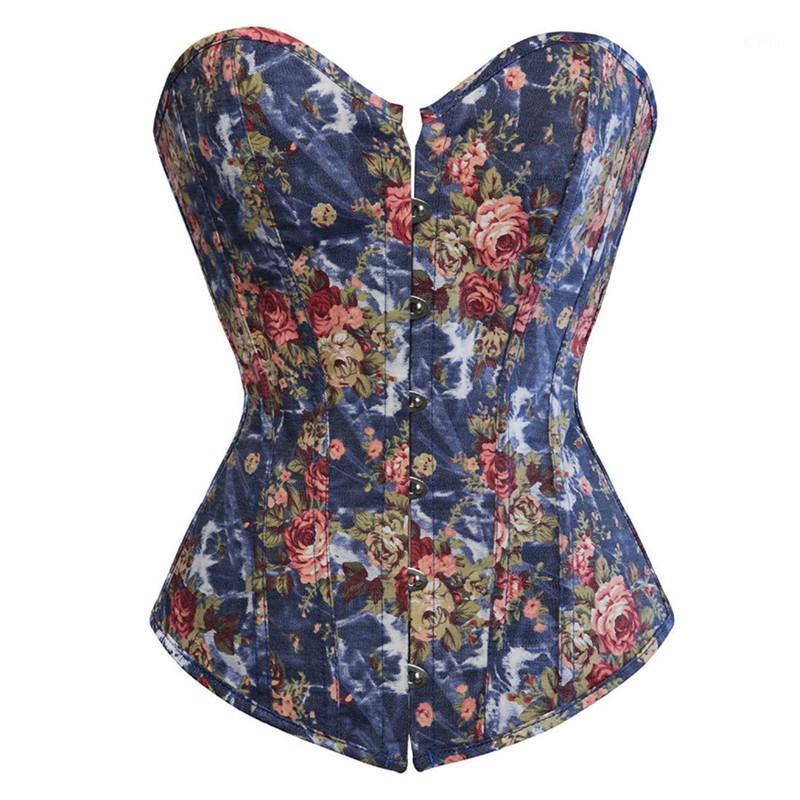 

Fashion Corset Women' Vintage Floral Denim Bustie Overbust Burlesque Sexy Lingerie Top Waist Cincher Body Shaper Blue Bustiers & Corsets, 5804blue